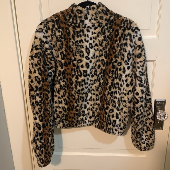 Forever 21 Cropped Leopard / Cheetah Print Sherpa Full Zip Jacket Sz S - Picture 8 of 10